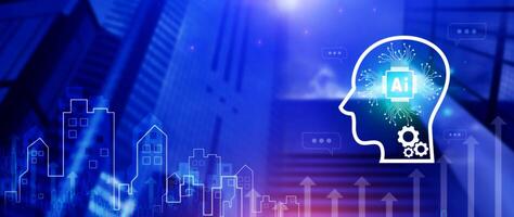 Ai tech, virtual graphic Global Internet connect with AI, Artificial Intelligence, using command prompt for generates something, Futuristic technology transformation. photo