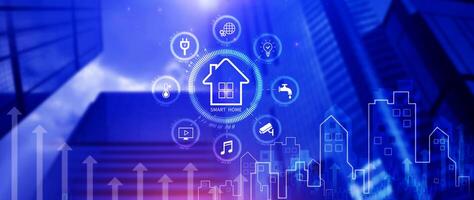 Smart home technology, User touches virtual screen manage smart home features including security, lighting, temperature, Smart home and Iot concept. photo