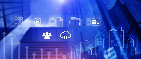 Document Management System DMS, for document management concept online document database digital file storage systems software, Record keeping database technology File access Sharing documents. photo