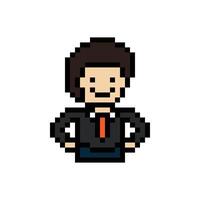 Cute pixel cartoon 8bit character business man businessman smart work game for decoration business 8 bit male career smart character game. vector