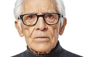 Close-up portrait of a senior man with glasses, looking thoughtful photo