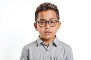 Portrait of a Boy Wearing Glasses and Looking Thoughtful photo