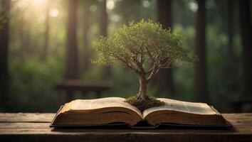 Tree growing out of an open bible on a wooden table with blurred background. photo