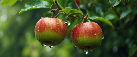 Two beautiful juicy ripe ruddy apples on branch c drops of dew water in green foliage close-up on nature. photo