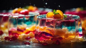 Vibrant Layered Jelly Slices Floating in Studio Light A Refreshing Gastronomic Delight. photo