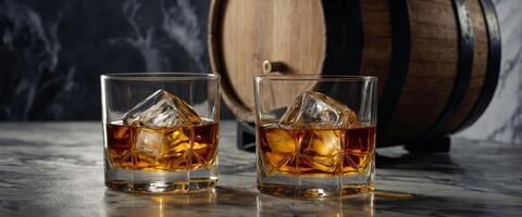 Two glasses of whiskey with ice and wooden barrel on marble background. photo