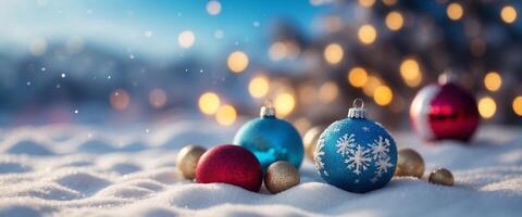 Winter background with Christmas toys in snow, snowflakes, with beautiful light and bokeh on blue sky in evening, copy space Christmas decoration. photo