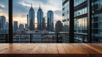 Wood table top and blur glass window wall building background - can used for display or montage your products. photo