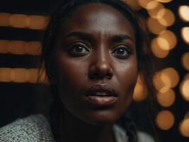 emotional expression through lighting of a woman's face, featuring an open mouth, nose, and brown eye, with a black face in the background. photo