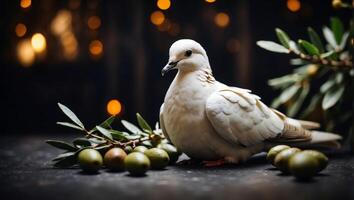 White dove with olive branch on dark background Symbol of peace and love. photo