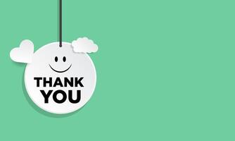 Thank you hanging sign with smiling face emoji, heart shape, and clouds. Isolated on green. vector