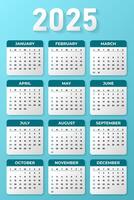 Calendar design template 2025 year. Wall calendar grid in a minimalist style. Weeks starts on Sunday. vector