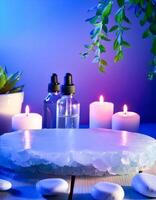 Blue and White Spa Background with Icy Platform and Candles photo