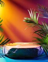 Stone Podium With Tropical Palm Leaves and Colorful Gradient Background photo
