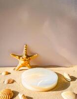 Seashell Product Display on Sandy Background photo