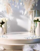 Minimalist White Product Display with Feathers and Crystals photo
