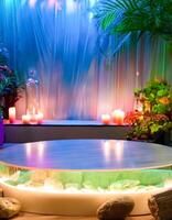 Illuminated Circular Platform with Stones and Water photo
