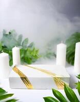 White Concrete Podium with Gold Accents and Candles photo