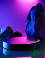 Abstract Neon Glow Background with Round Platform for Product Display photo
