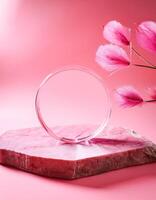 Pink Minimalist Product Display with Glass Circle and Stone Platform photo