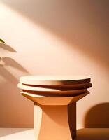 Abstract geometric platform on a light brown background with shadow from a green plant photo