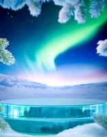 Winter wonderland with a glass platform and a breathtaking aurora borealis in the background photo