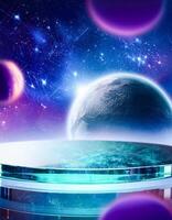 Abstract Planet with Glowing Lights and a Glass Display Stand photo