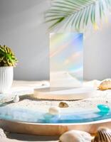 White Blank Square Mockup on Sand with Seashells and Turquoise Water photo