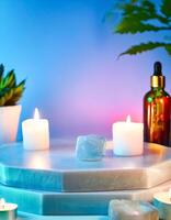Crystal, Candles, and Essential Oils on a White Marble Platform photo