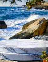 Marble Product Display Platform with Ocean and Rock Background photo