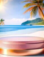 Gold and Pink Product Display Stand with Palm Tree and Ocean Background photo
