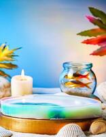 Seashell and Candle Display on a Beach photo