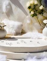 White and Feather Display with Diamond-Like Crystals on a Platform photo
