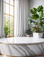 White Marble Pedestal with Gold Trim in Minimalist Interior photo