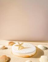 Minimalist Summer Beach Scene with Seashells and Starfish on a White Platform photo