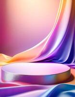 Abstract Background with Colorful Silk Drapes and a Circular Platform photo