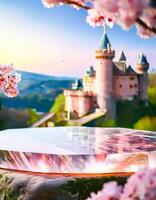 Crystal Platform with Blurred Castle Background photo