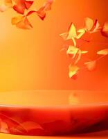 Abstract Orange Background with Curved Platform and Floating Leaves photo