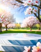 Marble Podium With Spring Blossom Background photo