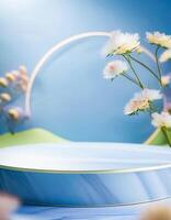 Blue and Green Abstract Background with White Flowers and a Circular Platform photo