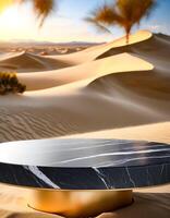 Black Marble Podium on Sandy Desert Dunes photo