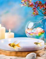 Two Goldfish on a White Platform with Candles and Seashells photo