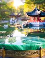 Malachite Tabletop with Blurred Asian Garden Background photo