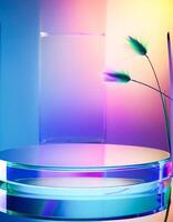 Abstract Glass Platform with Pastel Gradient Background and Green Feather photo