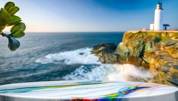 White Table Top With A View of the Ocean And Lighthouse photo