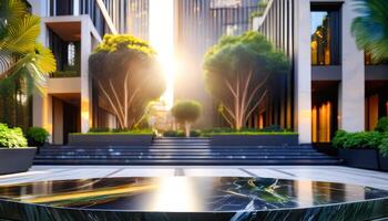 Modern Cityscape with Marble Platform and Sunlight photo