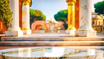 Marble Round Table In Front Of Ancient Pillars photo