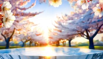 Marble Table With A View Of Blooming Trees photo
