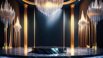 Elegant Stage With Golden Columns and Chandeliers photo