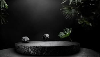 Dark and Moody Product Display with Black Stone and Lush Greenery photo